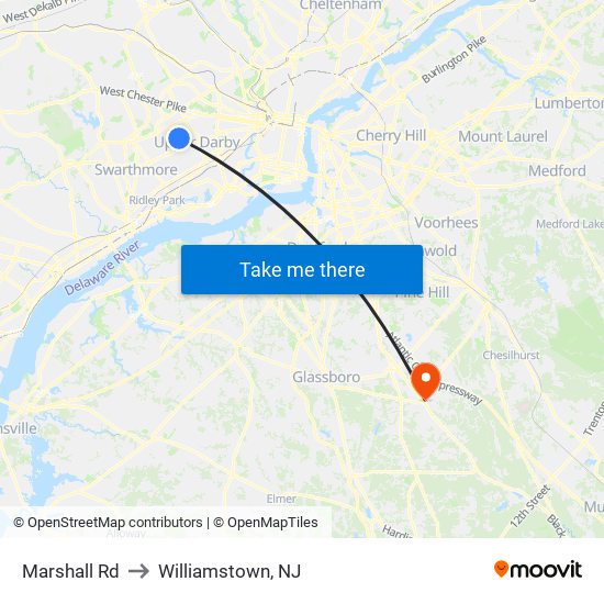 Marshall Rd to Williamstown, NJ map