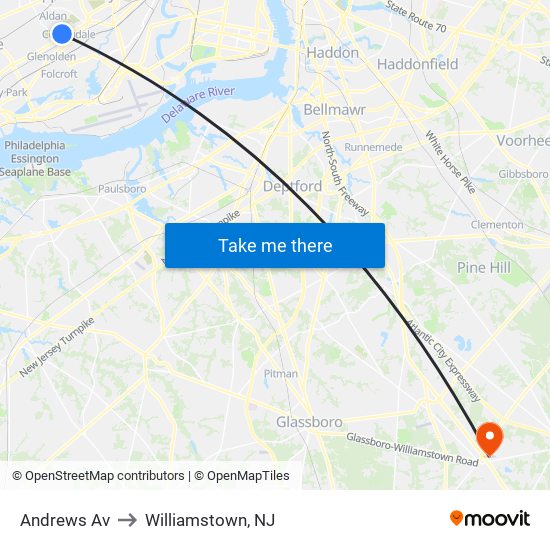 Andrews Av to Williamstown, NJ map