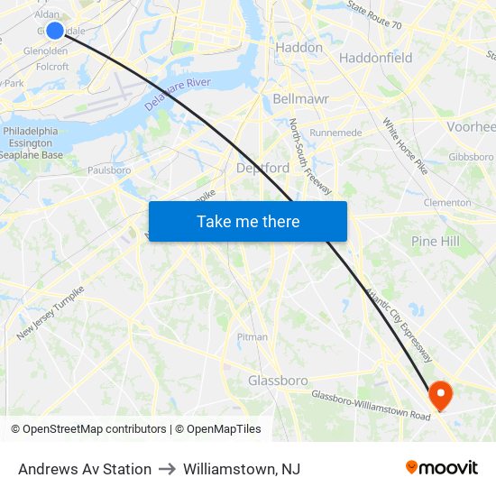 Andrews Av Station to Williamstown, NJ map