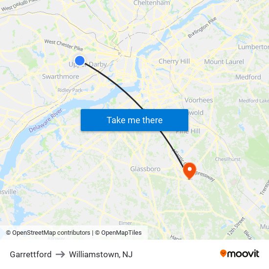 Garrettford to Williamstown, NJ map