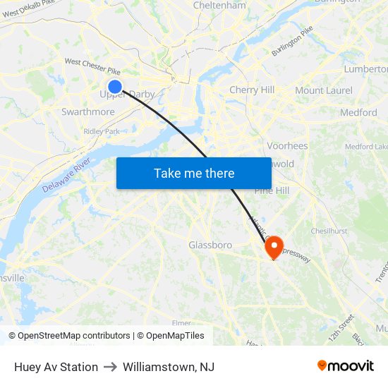 Huey Av Station to Williamstown, NJ map