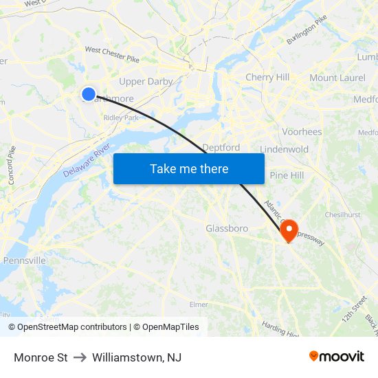 Monroe St to Williamstown, NJ map