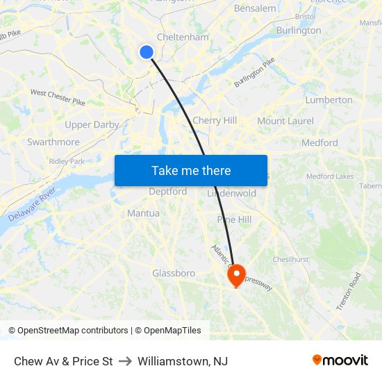 Chew Av & Price St to Williamstown, NJ map