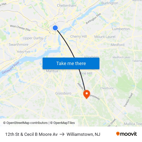 12th St & Cecil B Moore Av to Williamstown, NJ map