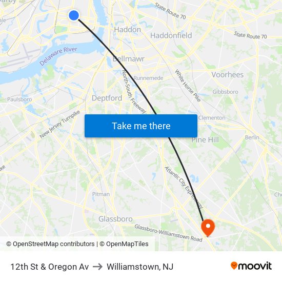 12th St & Oregon Av to Williamstown, NJ map