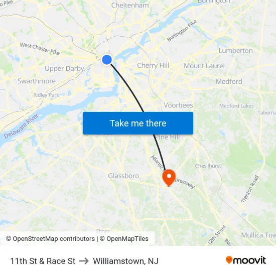 11th St & Race St to Williamstown, NJ map