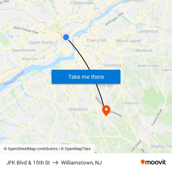 JFK Blvd & 15th St to Williamstown, NJ map