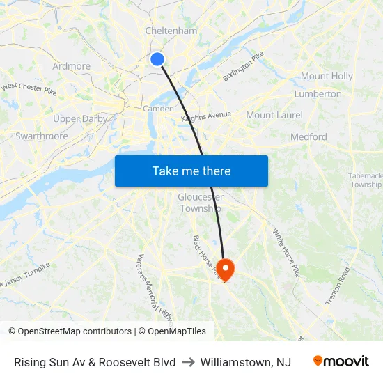 Rising Sun Av & Roosevelt Blvd to Williamstown, NJ map