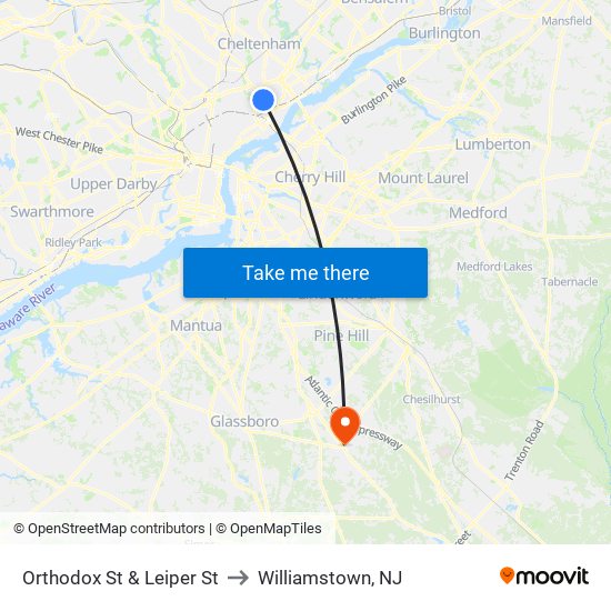 Orthodox St & Leiper St to Williamstown, NJ map