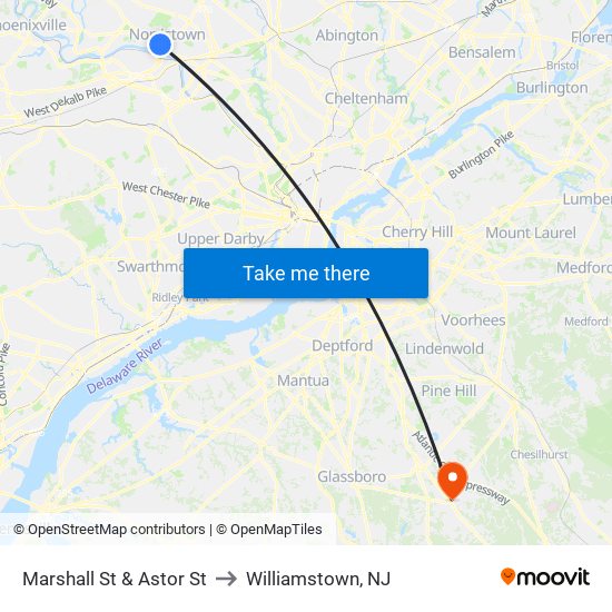 Marshall St & Astor St to Williamstown, NJ map