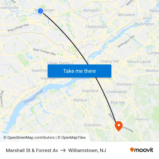 Marshall St & Forrest Av to Williamstown, NJ map