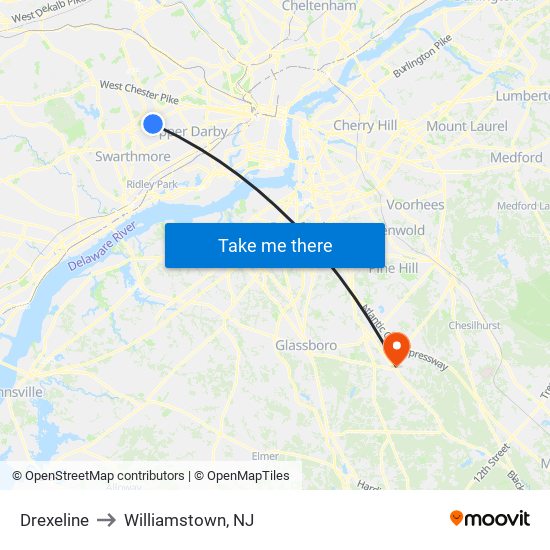 Drexeline to Williamstown, NJ map