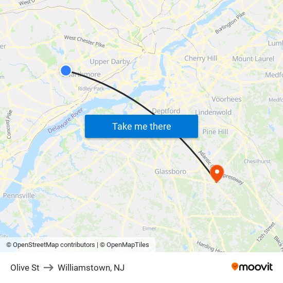 Olive St to Williamstown, NJ map