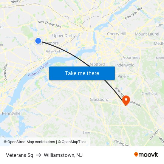 Veterans Sq to Williamstown, NJ map