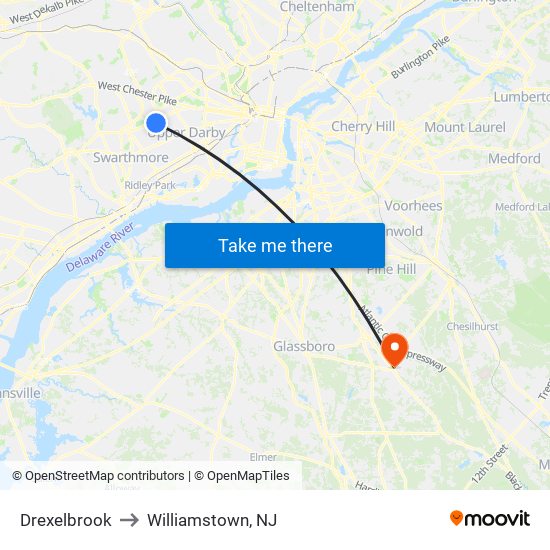 Drexelbrook to Williamstown, NJ map