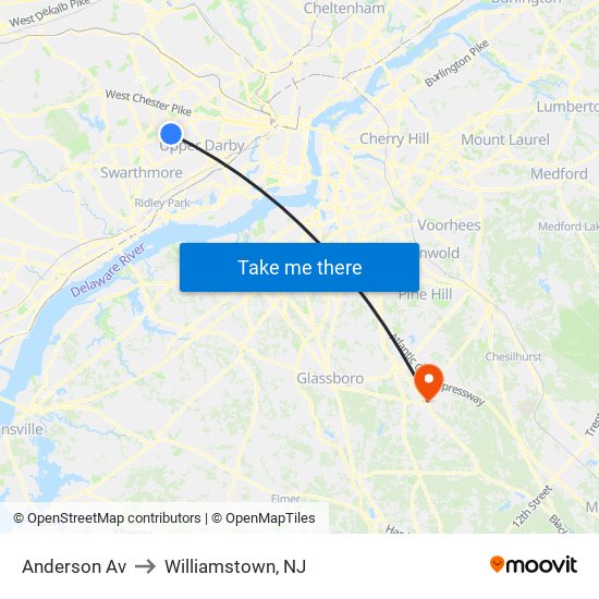 Anderson Av to Williamstown, NJ map