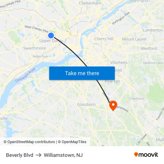 Beverly Blvd to Williamstown, NJ map