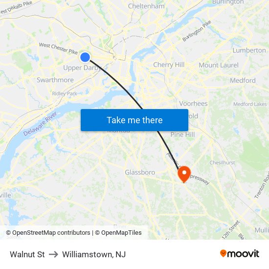 Walnut St to Williamstown, NJ map