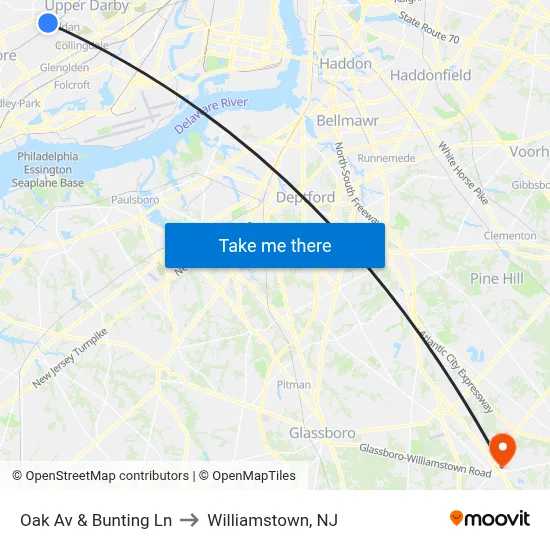 Oak Av & Bunting Ln to Williamstown, NJ map