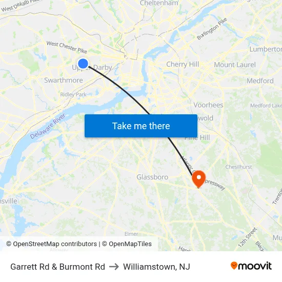 Garrett Rd & Burmont Rd to Williamstown, NJ map