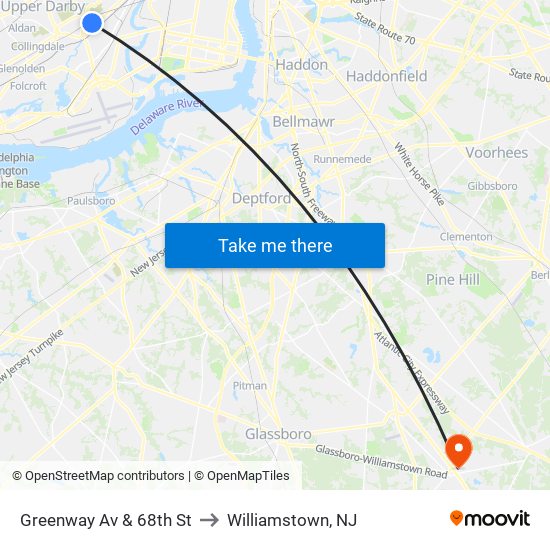 Greenway Av & 68th St to Williamstown, NJ map