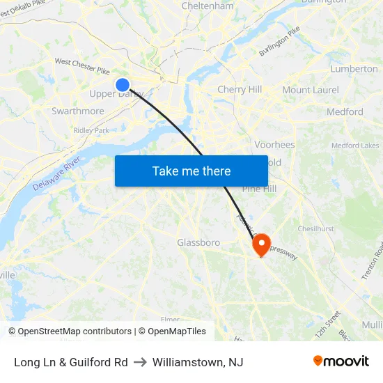 Long Ln & Guilford Rd to Williamstown, NJ map