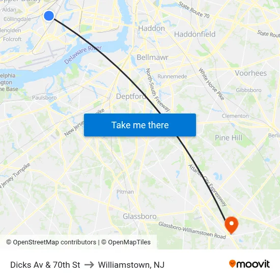 Dicks Av & 70th St to Williamstown, NJ map