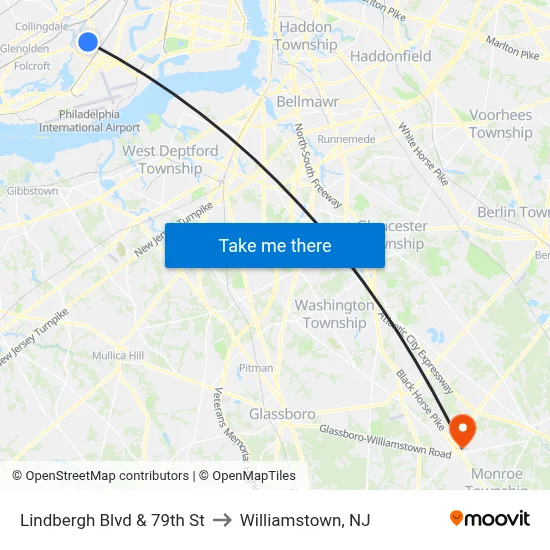 Lindbergh Blvd & 79th St to Williamstown, NJ map