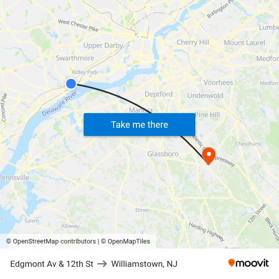 Edgmont Av & 12th St to Williamstown, NJ map