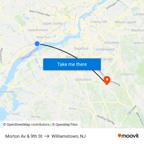 Morton Av & 9th St to Williamstown, NJ map