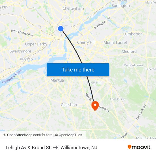 Lehigh Av & Broad St to Williamstown, NJ map