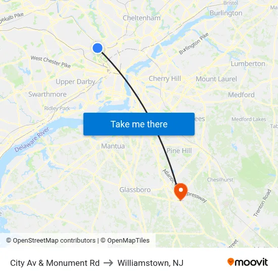 City Av & Monument Rd to Williamstown, NJ map