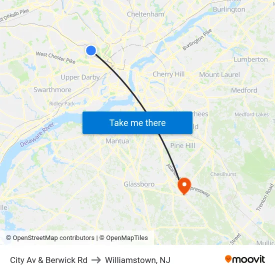City Av & Berwick Rd to Williamstown, NJ map