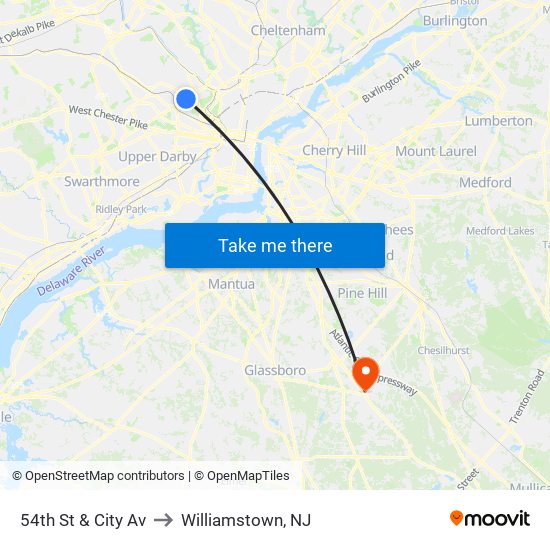 54th St & City Av to Williamstown, NJ map