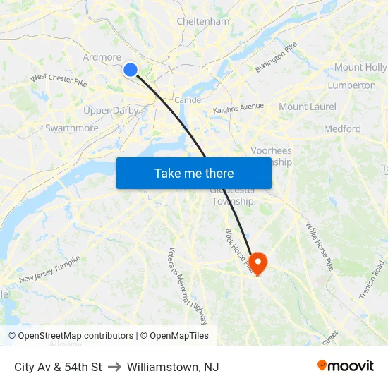 City Av & 54th St to Williamstown, NJ map