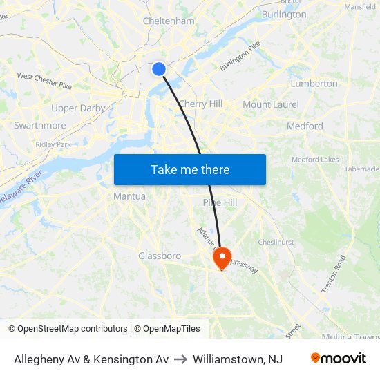 Allegheny Av & Kensington Av to Williamstown, NJ map