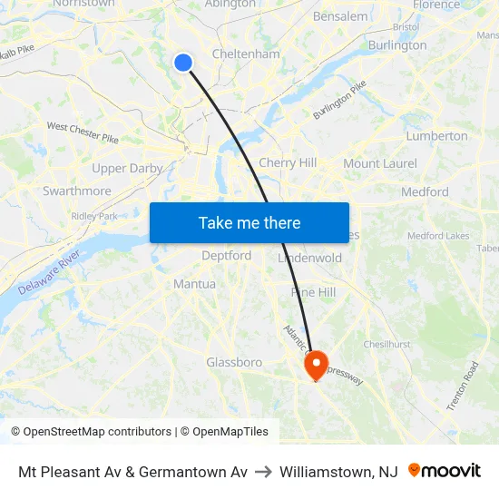 Mt Pleasant Av & Germantown Av to Williamstown, NJ map