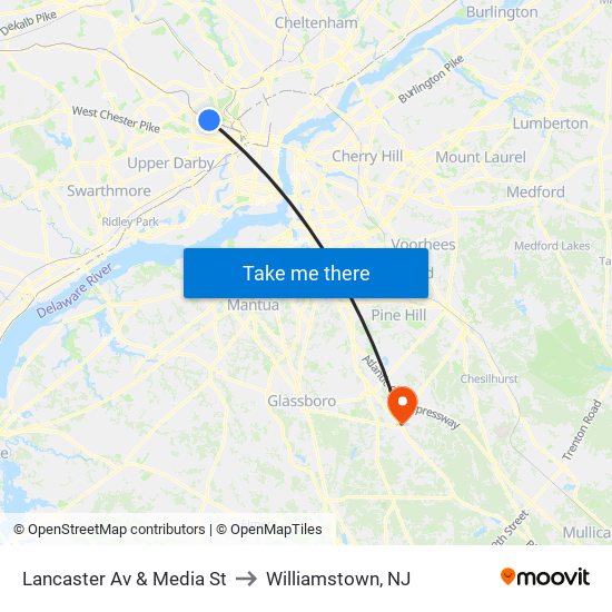 Lancaster Av & Media St to Williamstown, NJ map