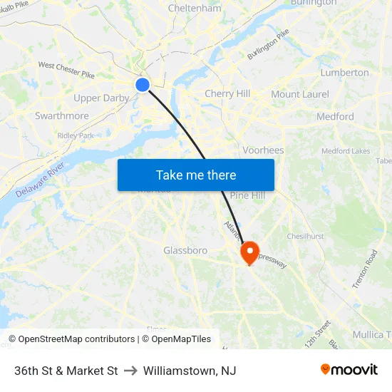 36th St & Market St to Williamstown, NJ map