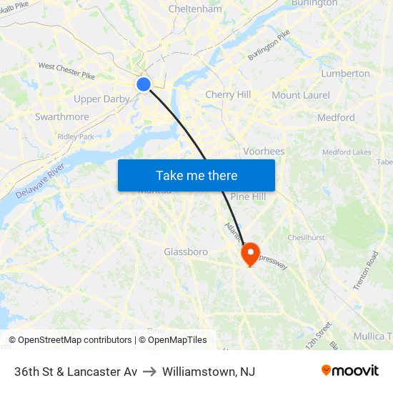 36th St & Lancaster Av to Williamstown, NJ map