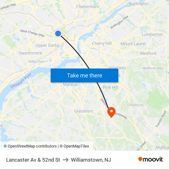 Lancaster Av & 52nd St to Williamstown, NJ map