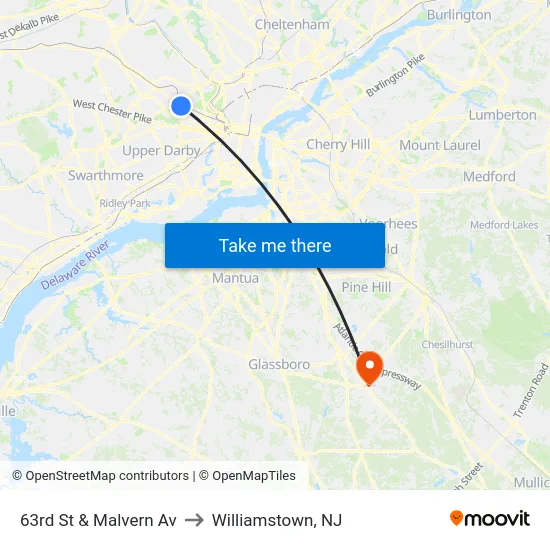 63rd St & Malvern Av to Williamstown, NJ map