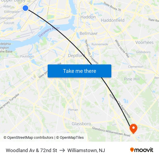 Woodland Av & 72nd St to Williamstown, NJ map