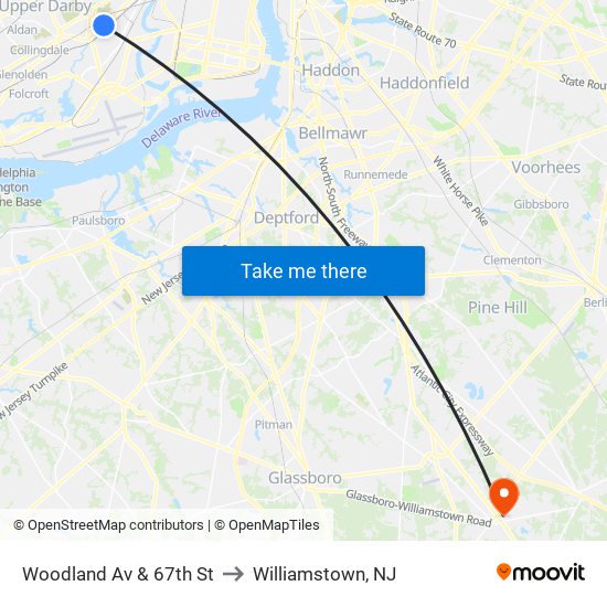 Woodland Av & 67th St to Williamstown, NJ map