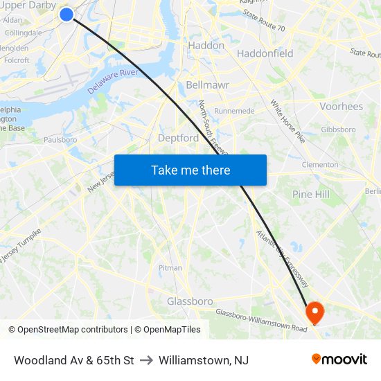 Woodland Av & 65th St to Williamstown, NJ map