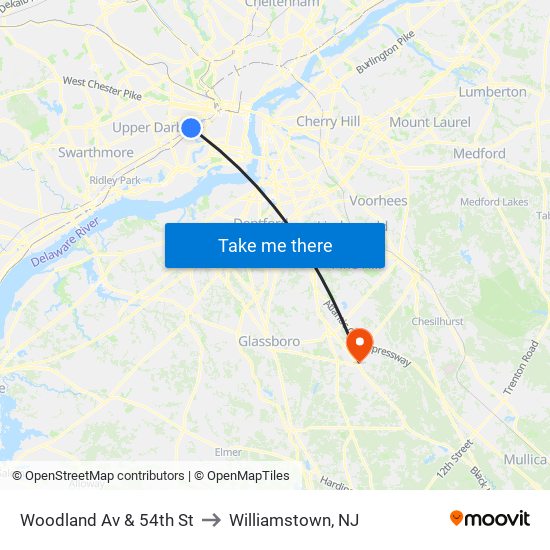 Woodland Av & 54th St to Williamstown, NJ map