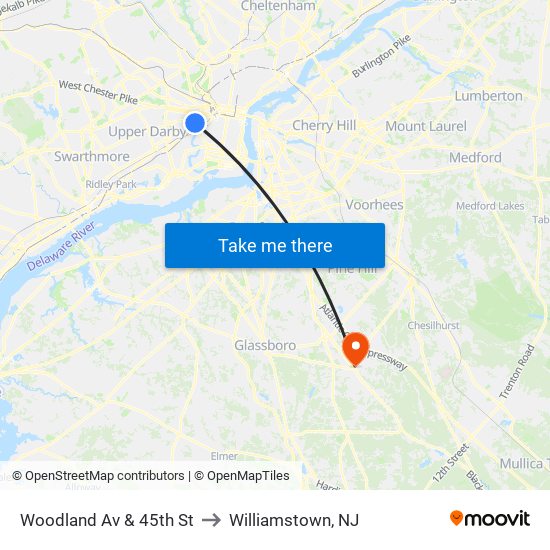 Woodland Av & 45th St to Williamstown, NJ map