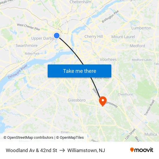 Woodland Av & 42nd St to Williamstown, NJ map
