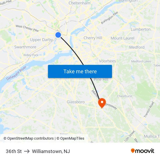 36th St to Williamstown, NJ map