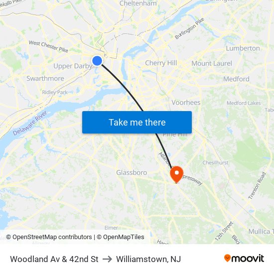 Woodland Av & 42nd St to Williamstown, NJ map